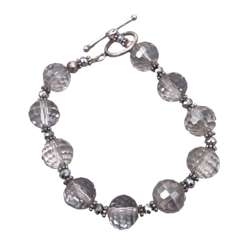 925 Sterling Silver Crystal Faceted Beaded Wire Bangle Bracelet Toggle Closure